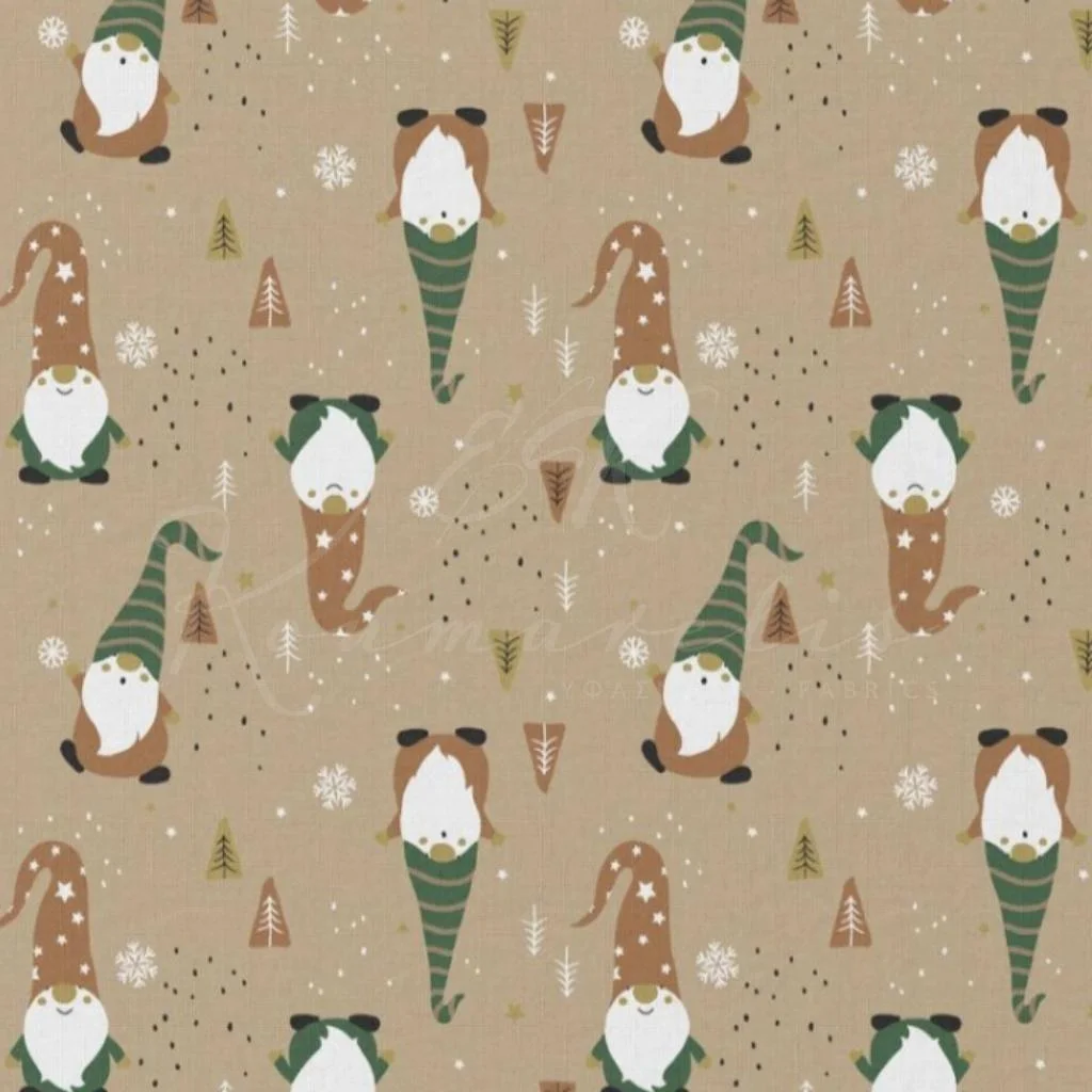 Ποπλίνα 100% Βαμβάκι - Χριστουγεννιάτικοι Νάνοι (Μπεζ) - 1
