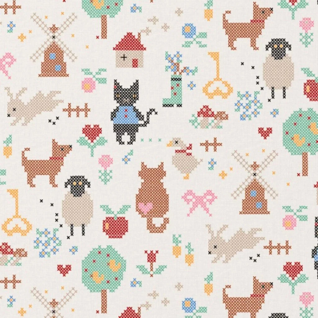 Poplin 100% Cotton - Cross-stitch Style Animals - 1