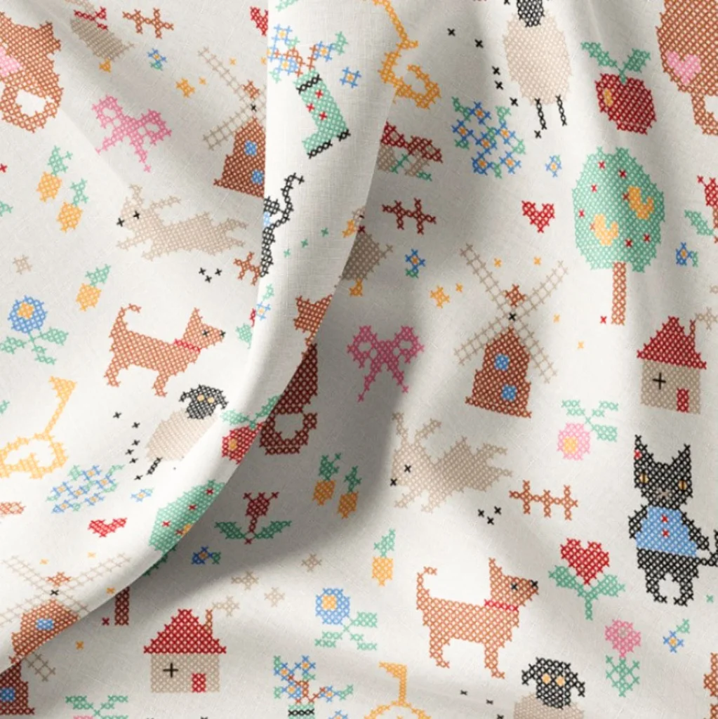 Poplin 100% Cotton - Cross-stitch Style Animals - 2