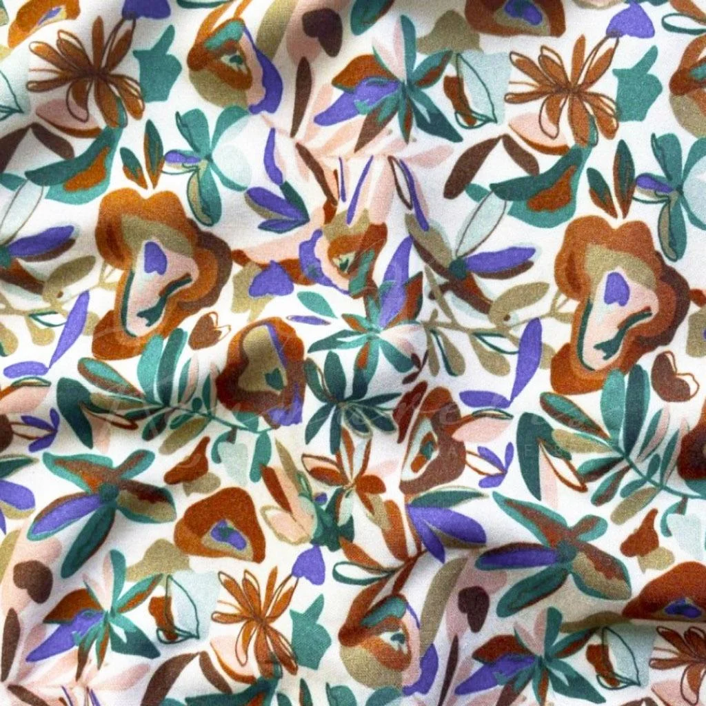 Βισκόζ - Καφέ φλοράλ με μωβ/πετρόλ φύλλα - 2