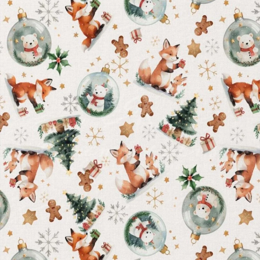 Poplin 100% Cotton - Christmas Animals and Baubles - 1