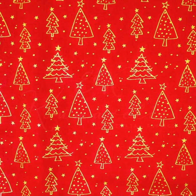 Ποπλίνα Χριστουγεννιάτικο - Κόκκινο Glitter Δέντρα - 1
