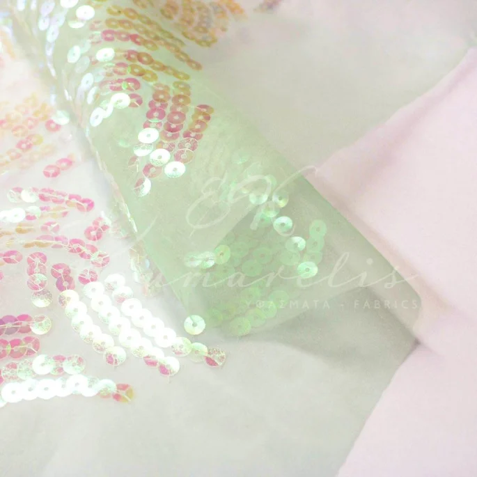Organza Fabric with Wavy Sequin Design – Mint Green - 3