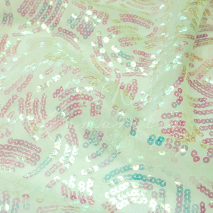Organza Fabric with Wavy Sequin Design – Mint Green - 2