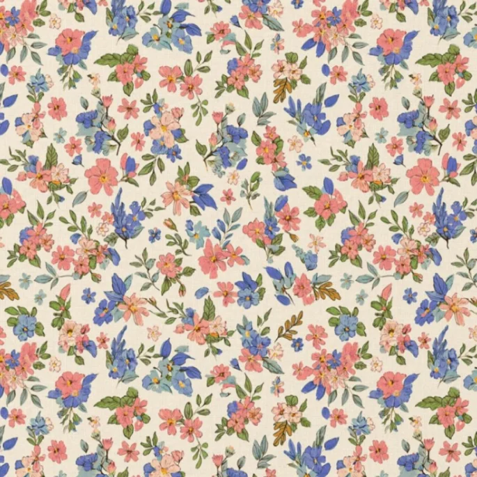 Ποπλίνα 100% Βαμβάκι - Ζεστό Ροζ και Σιελ  Ανθάκια